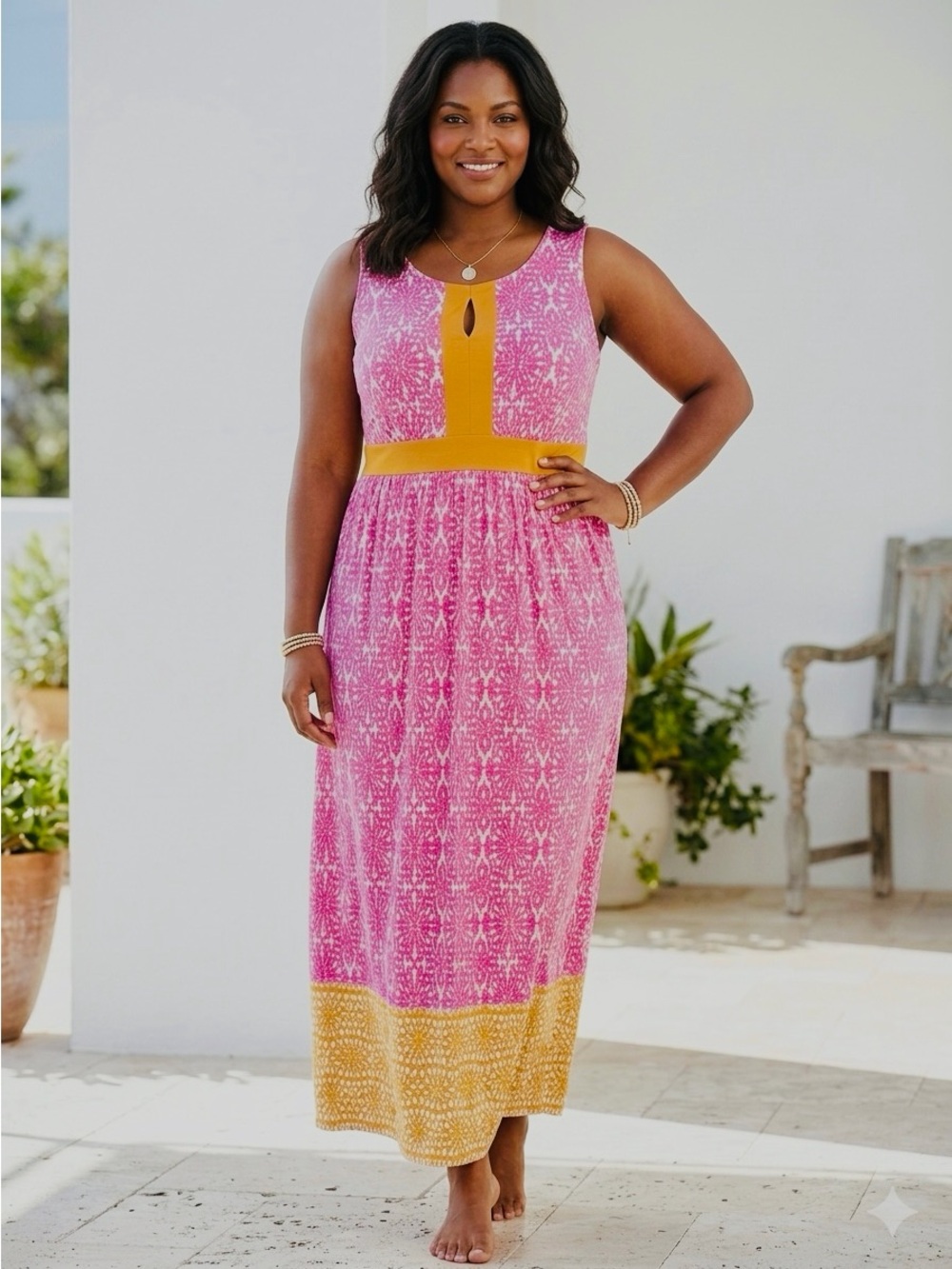 Ruby Rd Women's Size L Pink Floral Keyhole Sleeveless Maxi Dress Casual Vacation